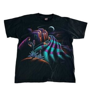 Vintage‎ Habitat Shirt Men Large Black Astrology Space AOP Wrap Single Stitch